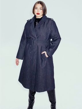 Long Double-Breasted Belted Trench Denim Coat with Belt